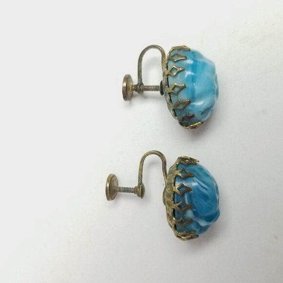 Vintage Blue Oval Cabochon Clip On Earrings, Screw Backs, Retro 60s Style - Picture 3 of 7